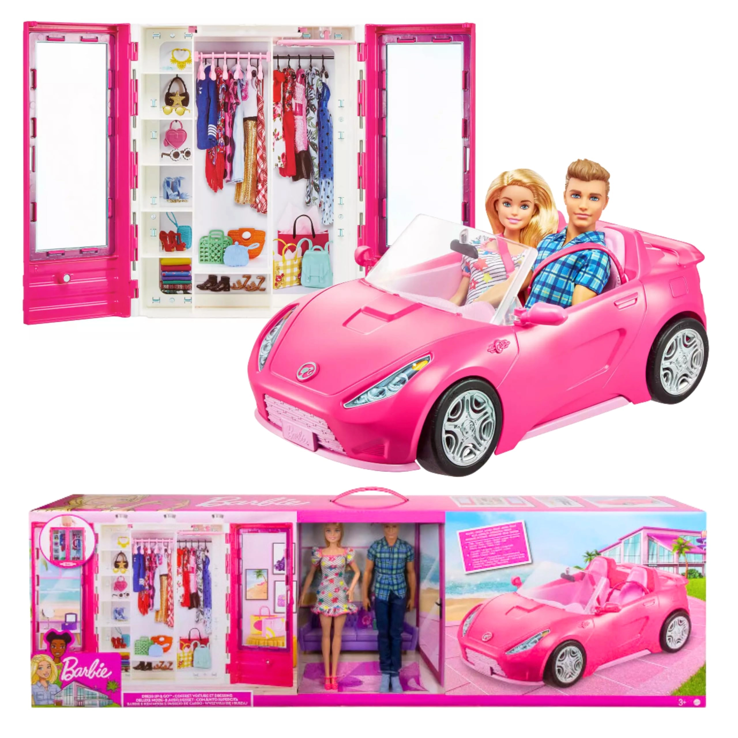 Mattel Barbie and Ken doll + Wardrobe + Two-seater convertible car