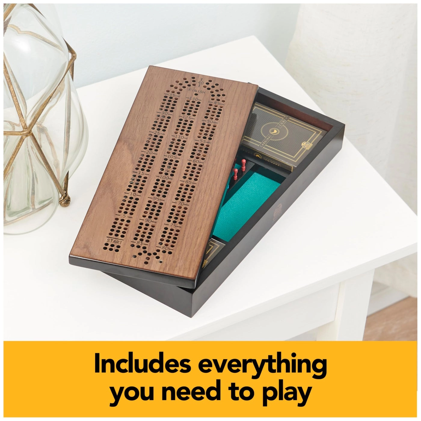 Deluxe Cribbage - Lined Wooden Case 6 Metal Movers