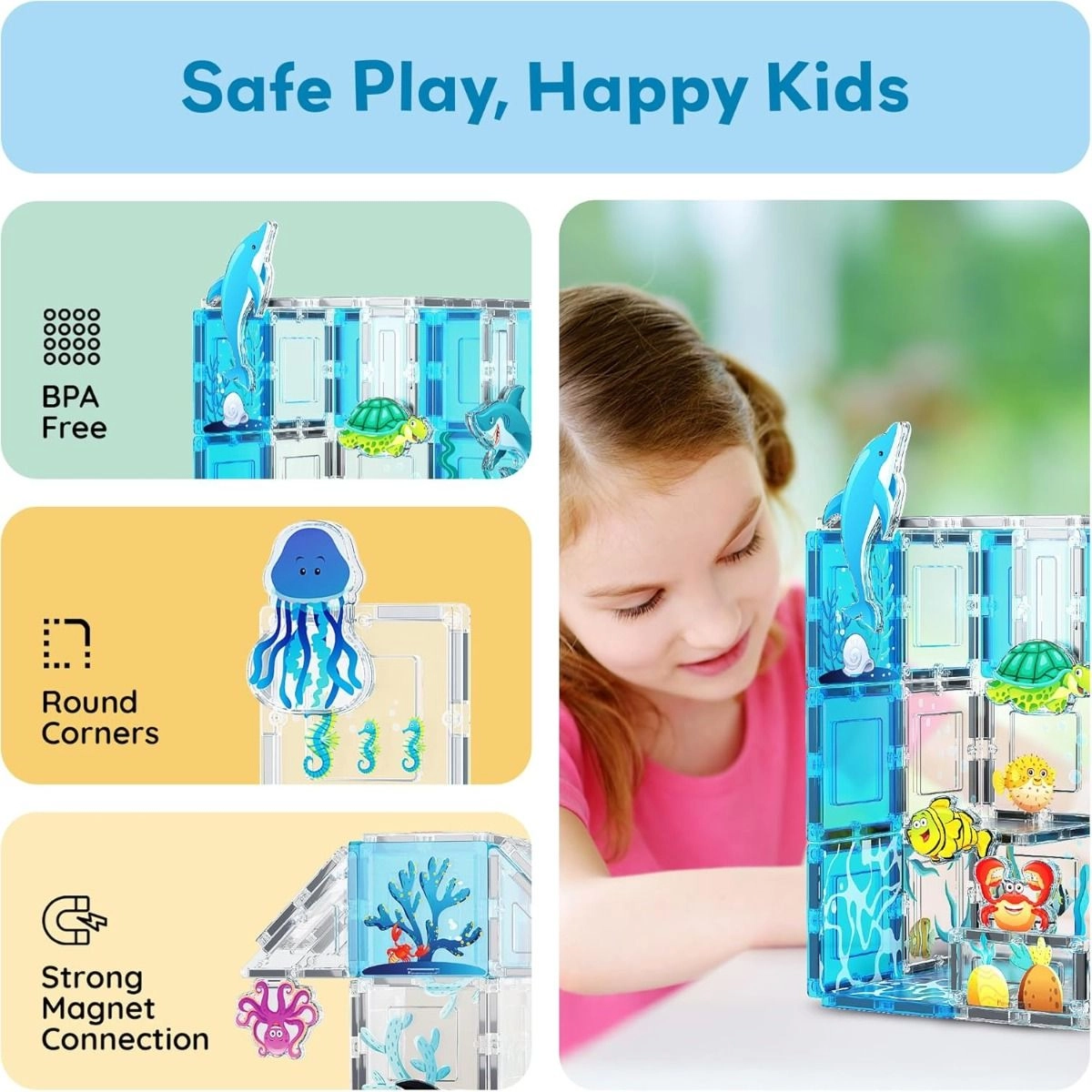 Magnetic Tiles Aquarium Marine Animal Set - Orca Shark Dolphin Jellyfish Sea Turtle Crab Octopus Fish Aquarium Marine 52 pcs