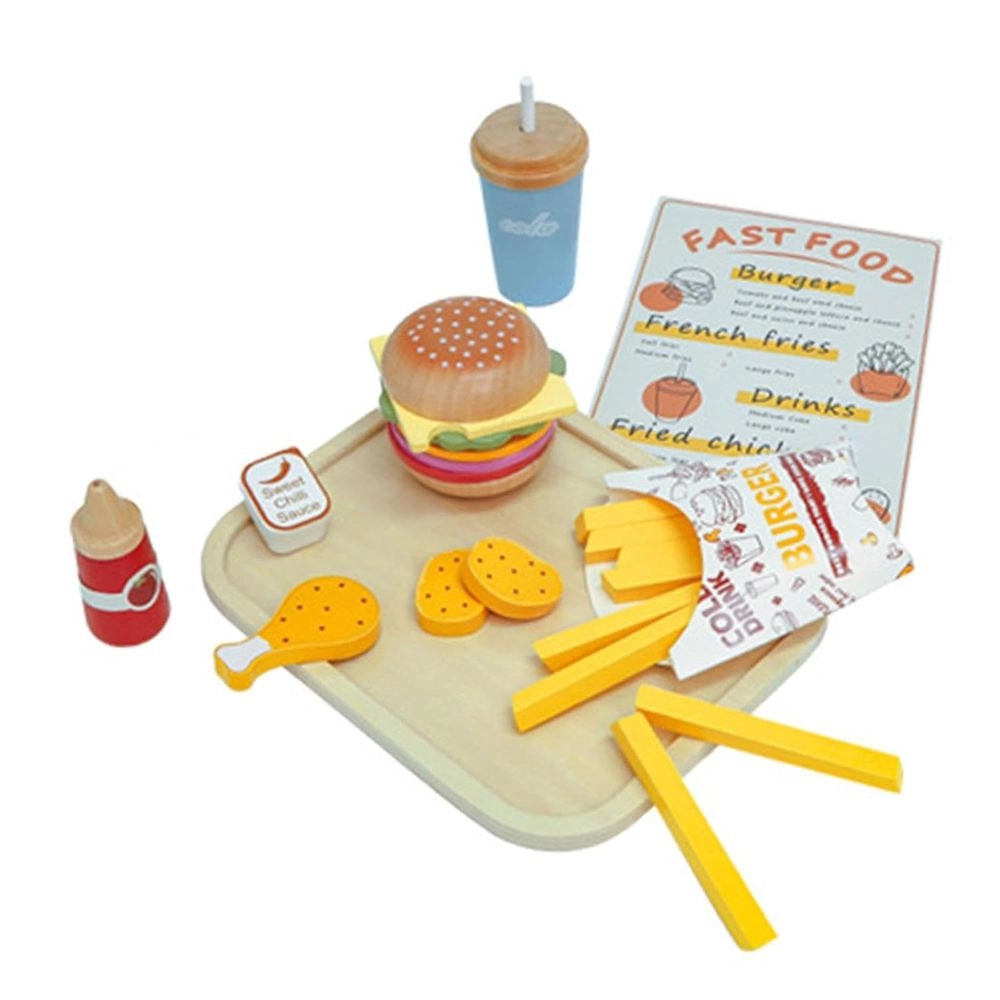 Kids Wooden Fast Food Burger & Fries Playset - 15+ Pcs