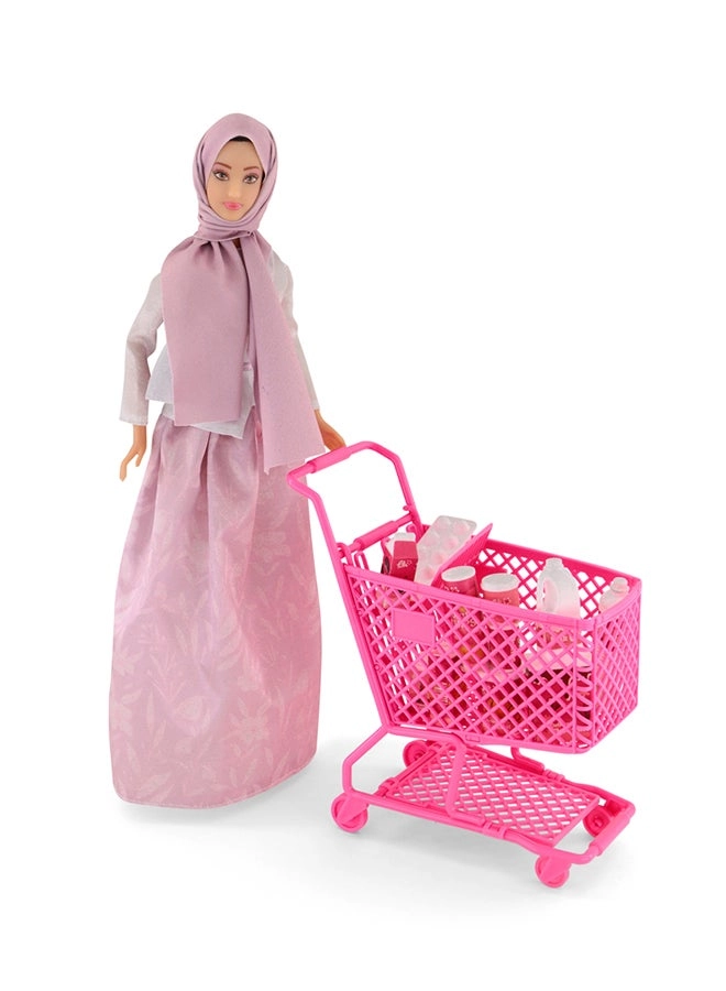 Doll With Shopping Cart - Pretend Grocery Play Includes Bottles