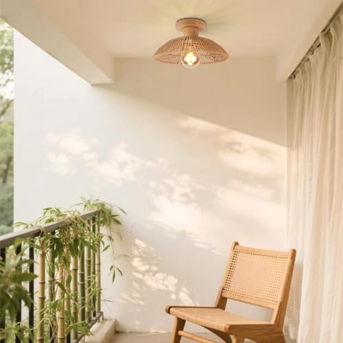 Retro Rattan and Wood Bohemian Design Ceiling Light