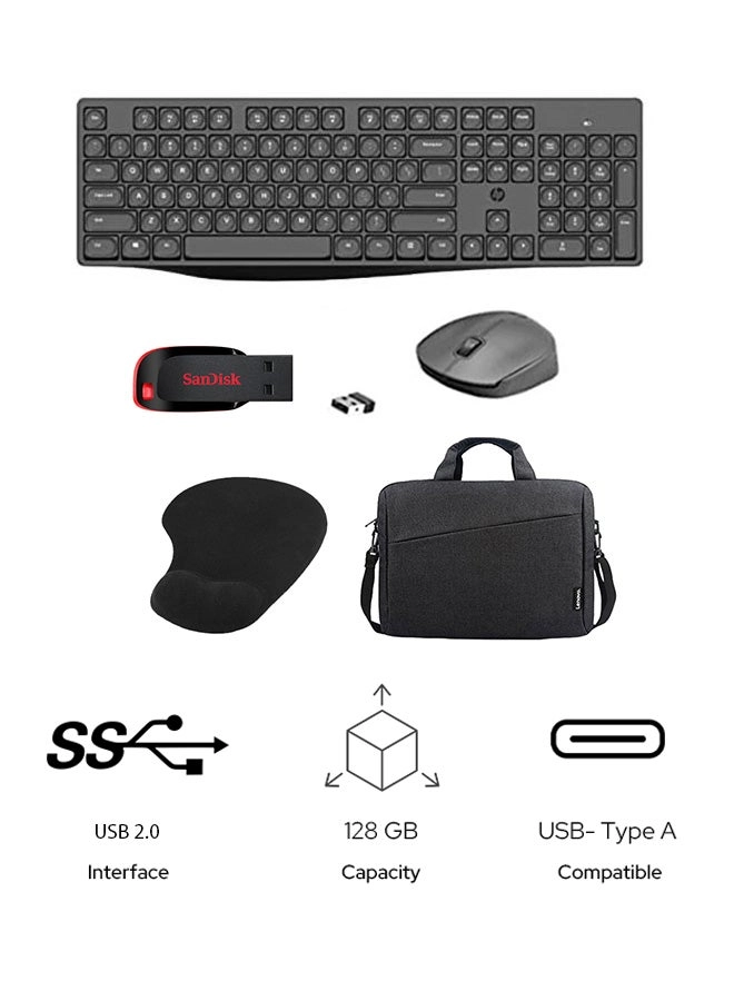 SanDisk Cruzer Blade - USB 2.0 128 GB + Laptop Casual Toploader Laptop Bag - 15.6-Inch + Wireless Keyboard & Mouse Combo - Ergonomic Silent + Gel Mousepad - In-Build Wrist Rest Pad