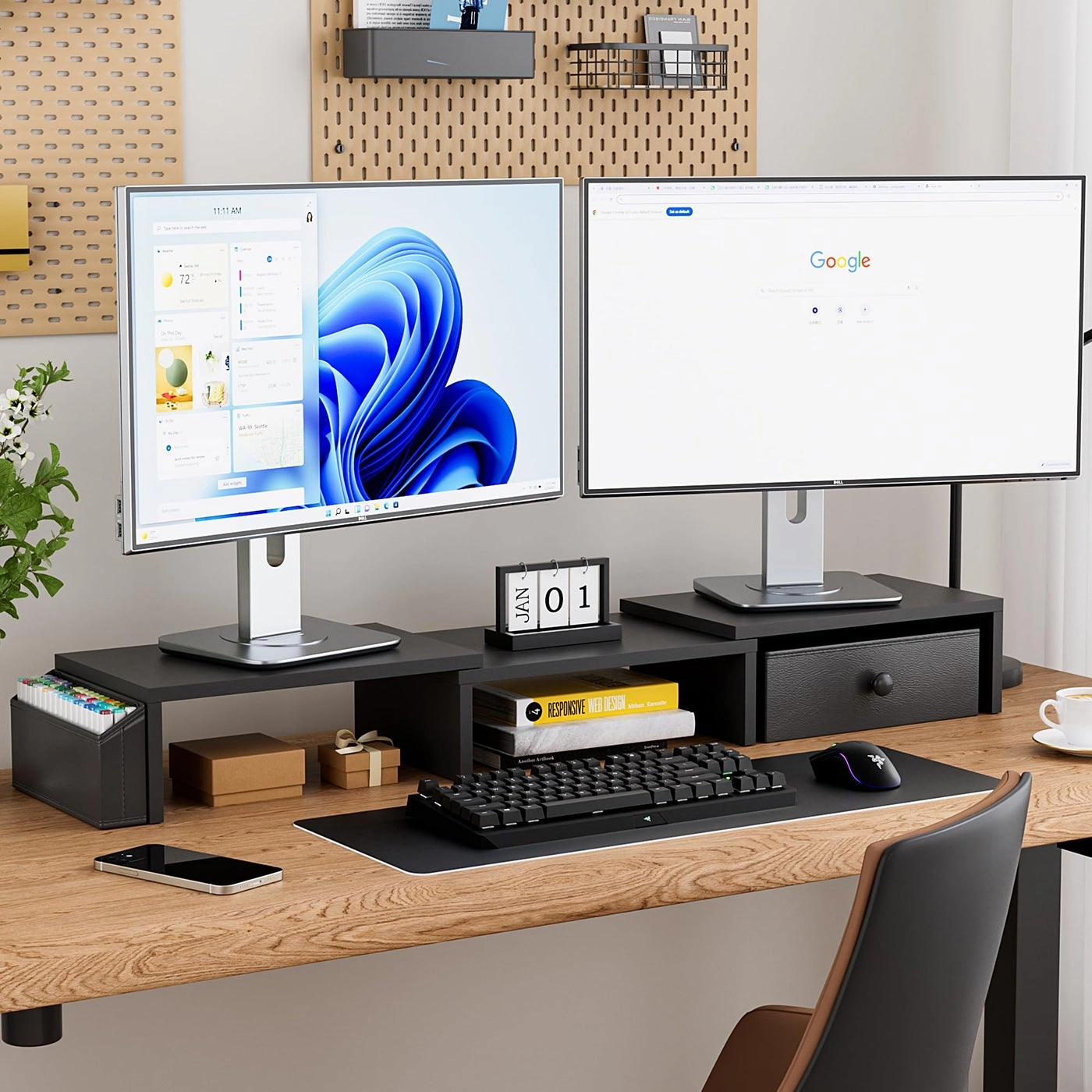 Dual Monitor Stand Riser - Adjustable Length Swivel Angle
