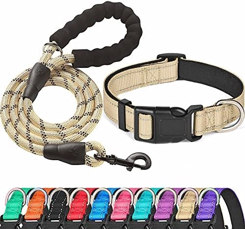 ladoogo Reflective Collar - M Neck 16"-19" Blue + Leash