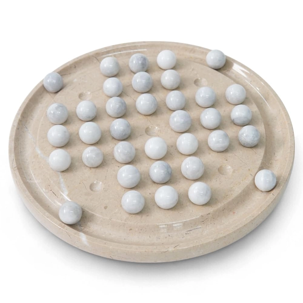 EARTHEN CRAFTS Marble Peg Solitaire Board Game - 10" 42 Balls Verona-white