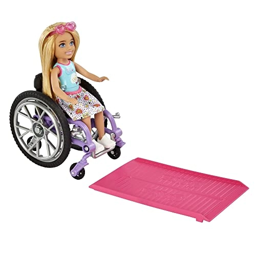 Chelsea Doll - Blonde Skirt Sunglasses + Wheelchair - Rolling Wheels + Ramp + Sticker Sheet Ages 3+