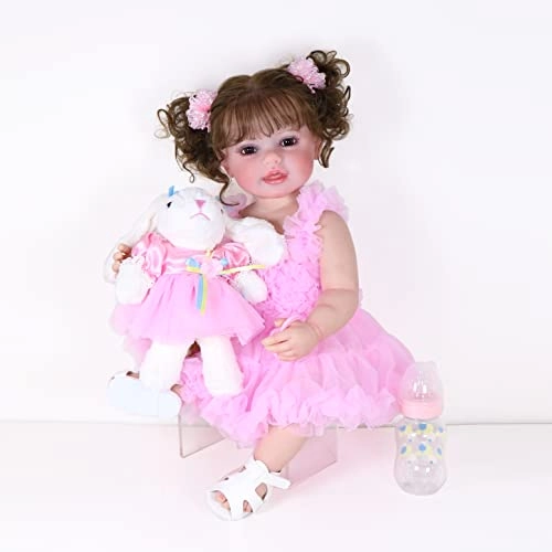 Reborn Toddler Doll - 22 inch Soft full vinyl Warm Medium skin tone Rooted Hair Pink princess outfit Ages 14+