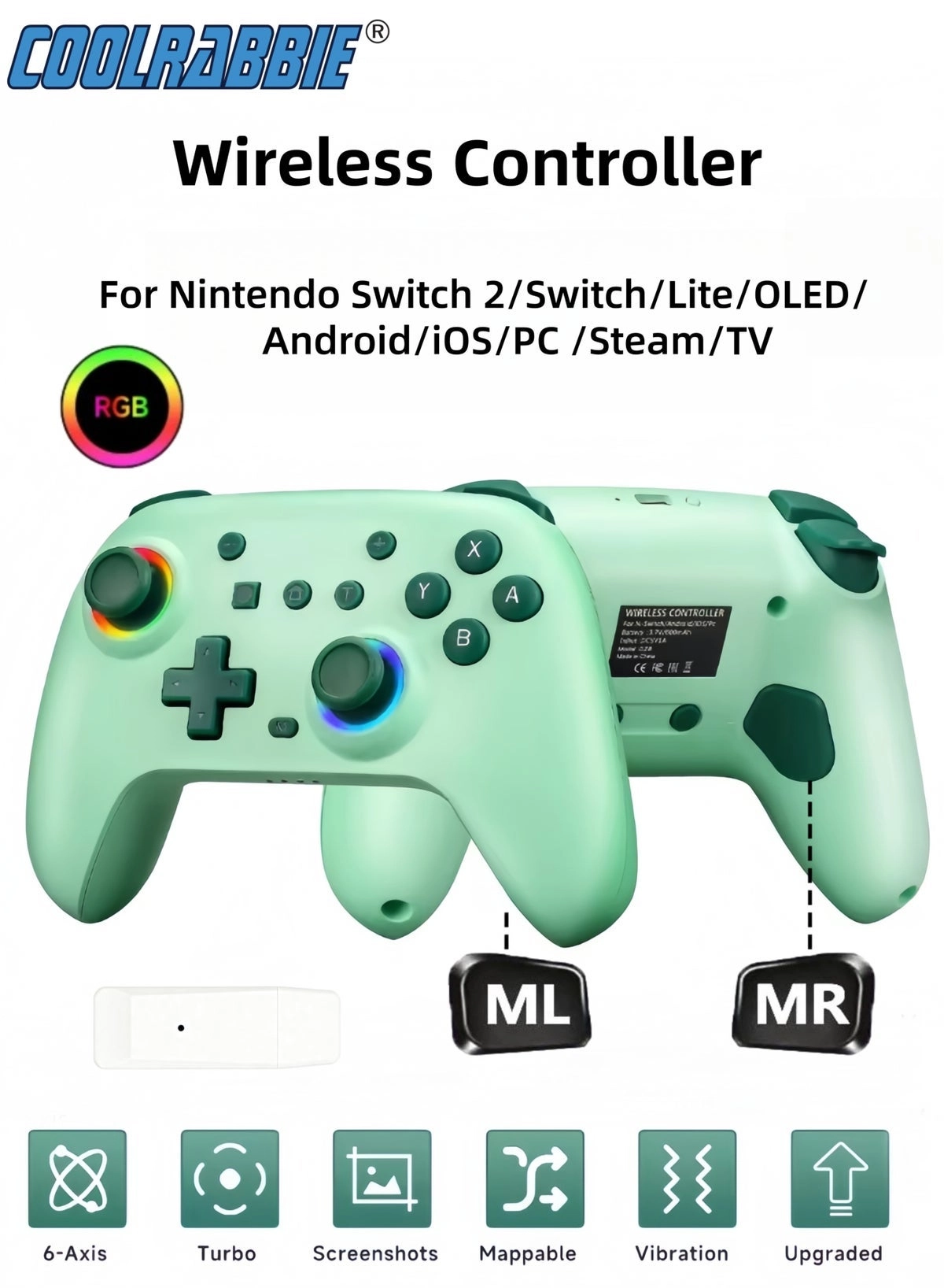 CoolRabbie Wireless Controller - green Nintendo Switch