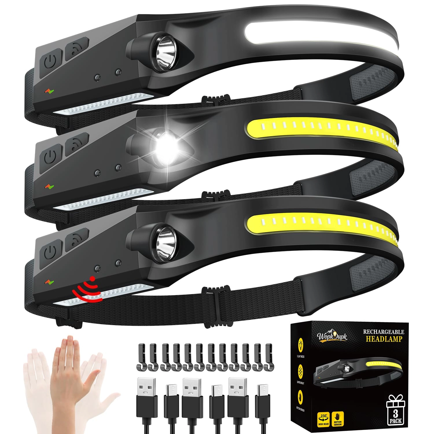 WopkDupk Headlamp - Rechargeable 3Pack 350 Lumens Bundle