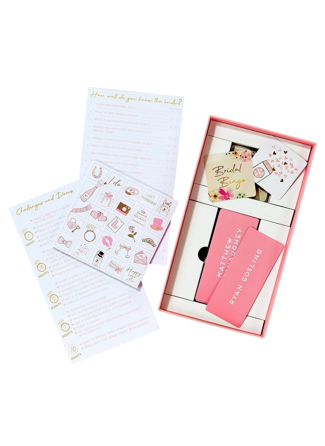 Bridal Bingo + Forget, Fling, Forever + How well do you know the bride? + Dares and Challenges