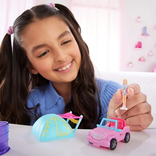 Mini BarbieLand Doll & Toy Vehicle Set - 1.5-inch Color-Change SUV Tent Accessory
