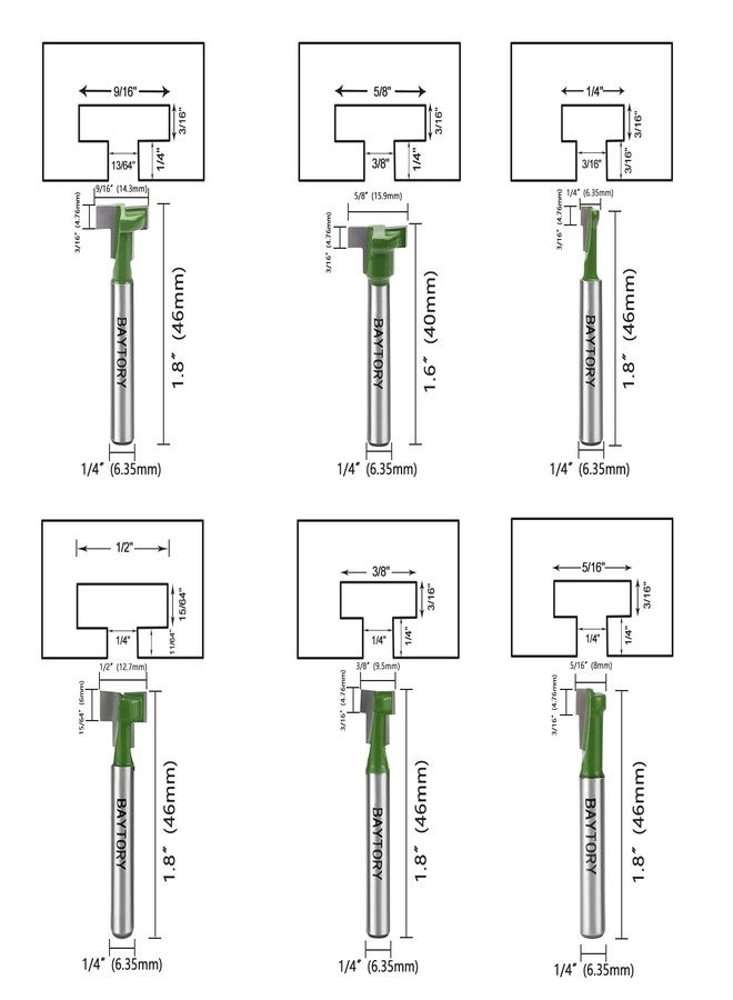 Keyhole Router Bits Set - 1/4 & 5/16 & 3/8 & 9/16 & 1/2 & 5/8 inch 1/4" 6Pcs