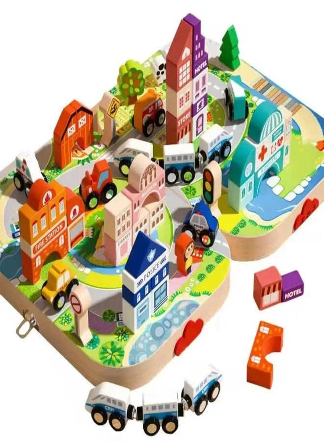 TOYARTSY Wooden City Blocks - Buildings Vehicles Trees