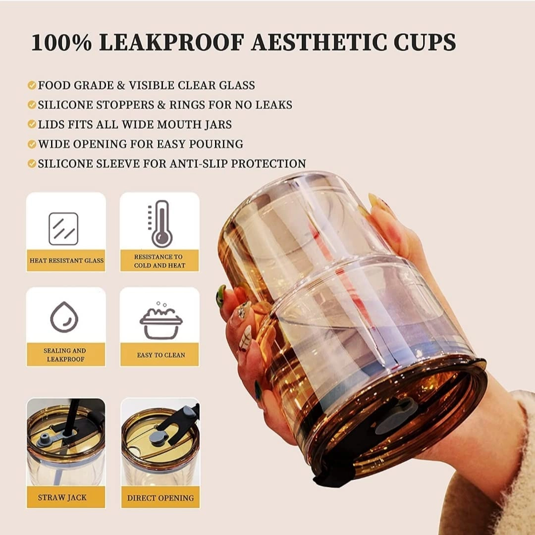 Sipper Glass Tumbler - 1 pcs With Lid and Straw 435 ml