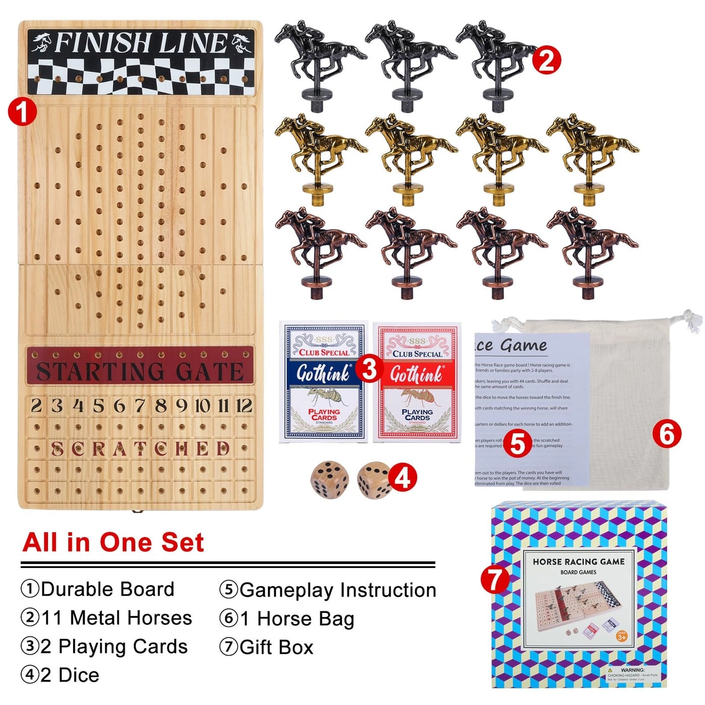 Horse Race Game - 11 Retro Metal Horses Foldable Wooden Box