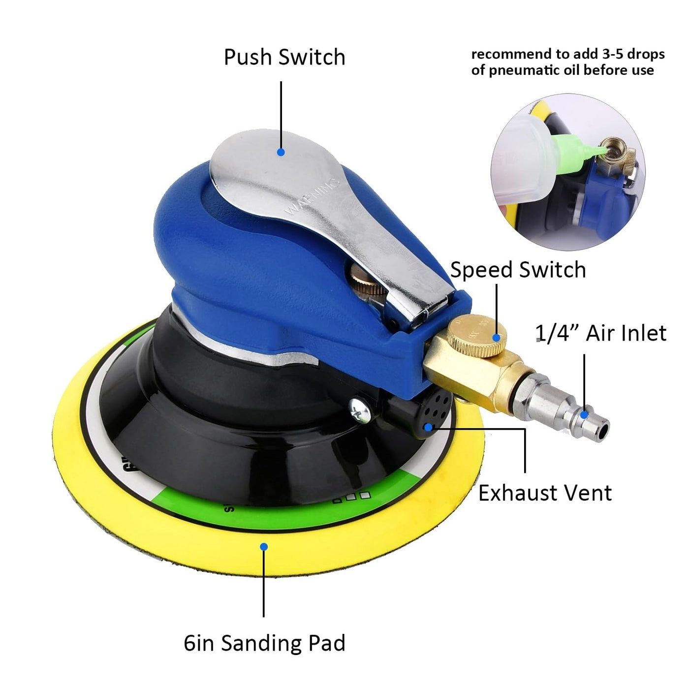 Pneumatic Air Random Orbital Sander - 6" Heavy Duty