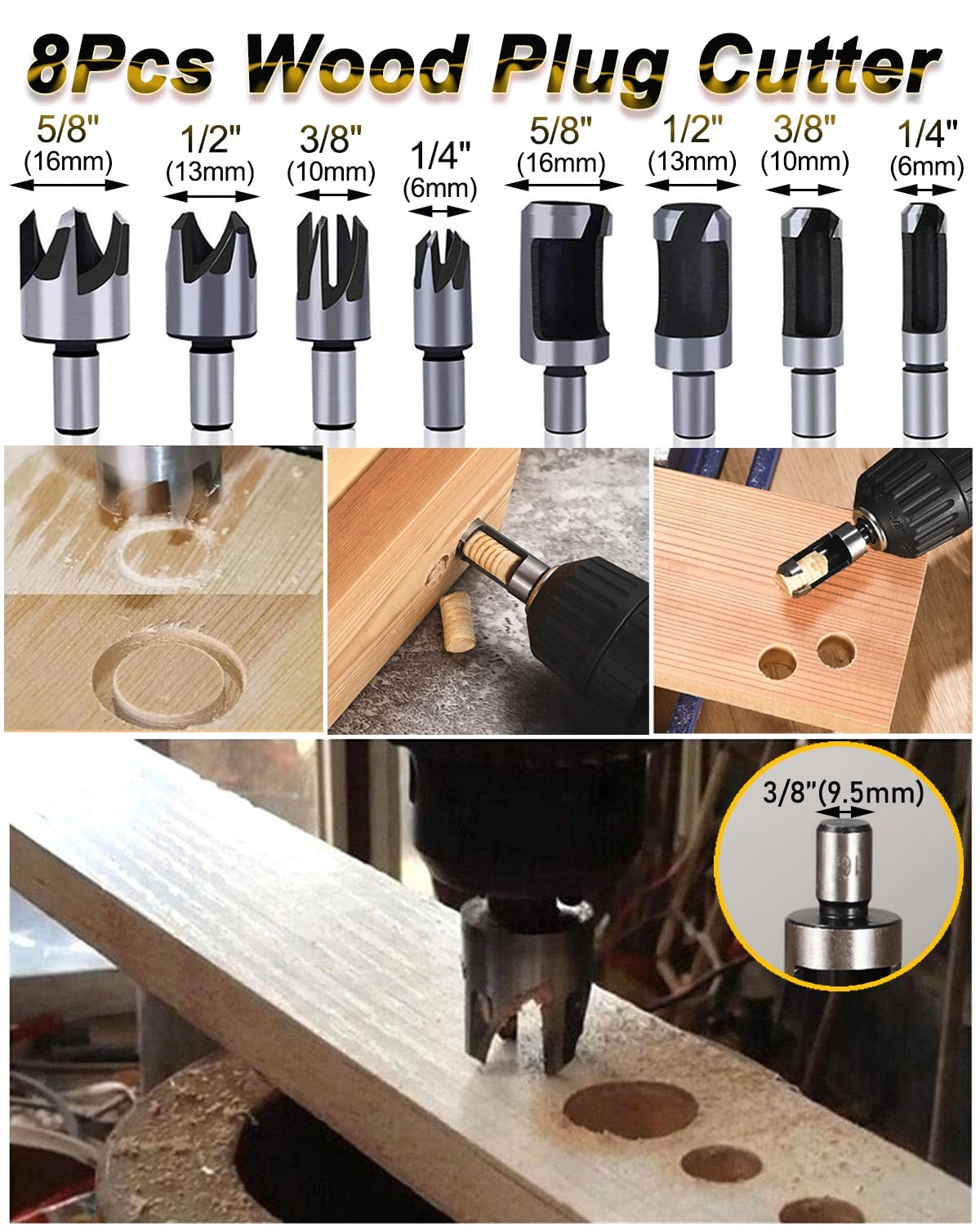 Chamfer Drilling Tool - 23pcs + 5 Flute Countersink Drill Bits - 6pcs + Three Pointed Countersink Drill Bit - 7pcs + Wood Plug Cutter - 8pcs + Automatic Center Punch - 1pcs