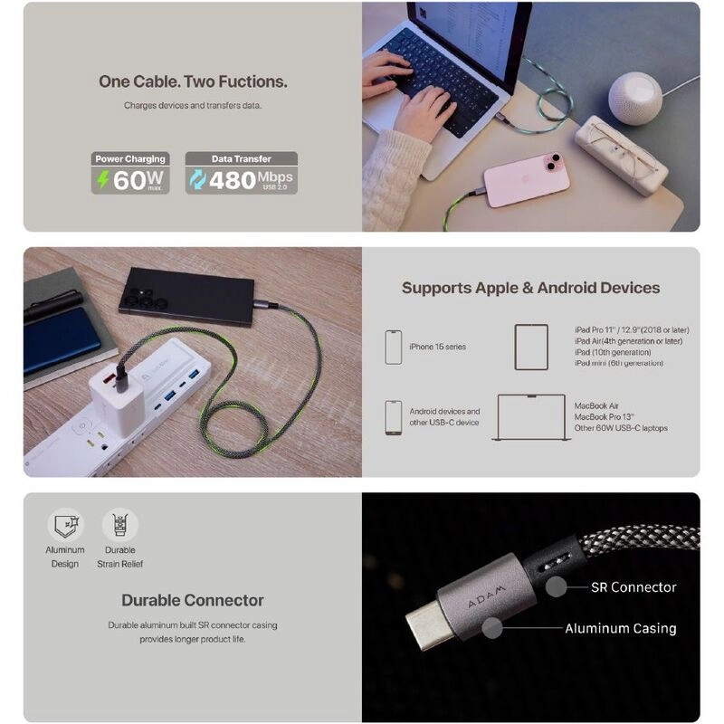 MS100 Cable 60W USB-C to USB-C 1m Braided