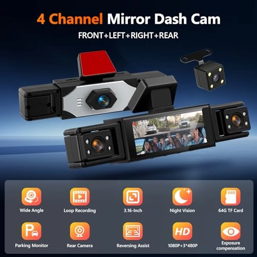 4 Channel Dash Cam Rear View Mirror - 1080P 30FPS + 64GB TF Card