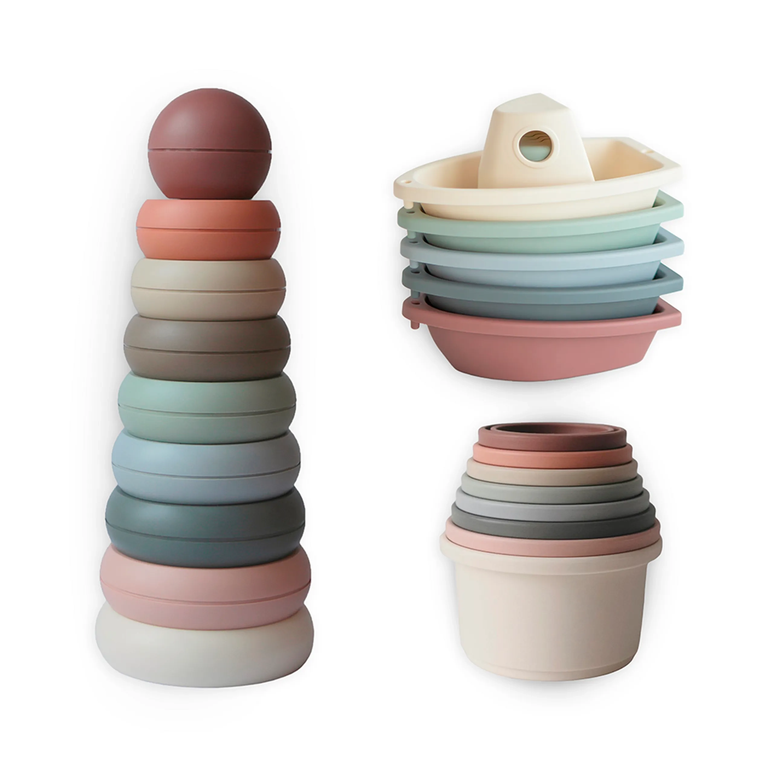 mushie Ring tower + Stacking Cups + Bath Play Set - Boats - 10m+ 22 pieces