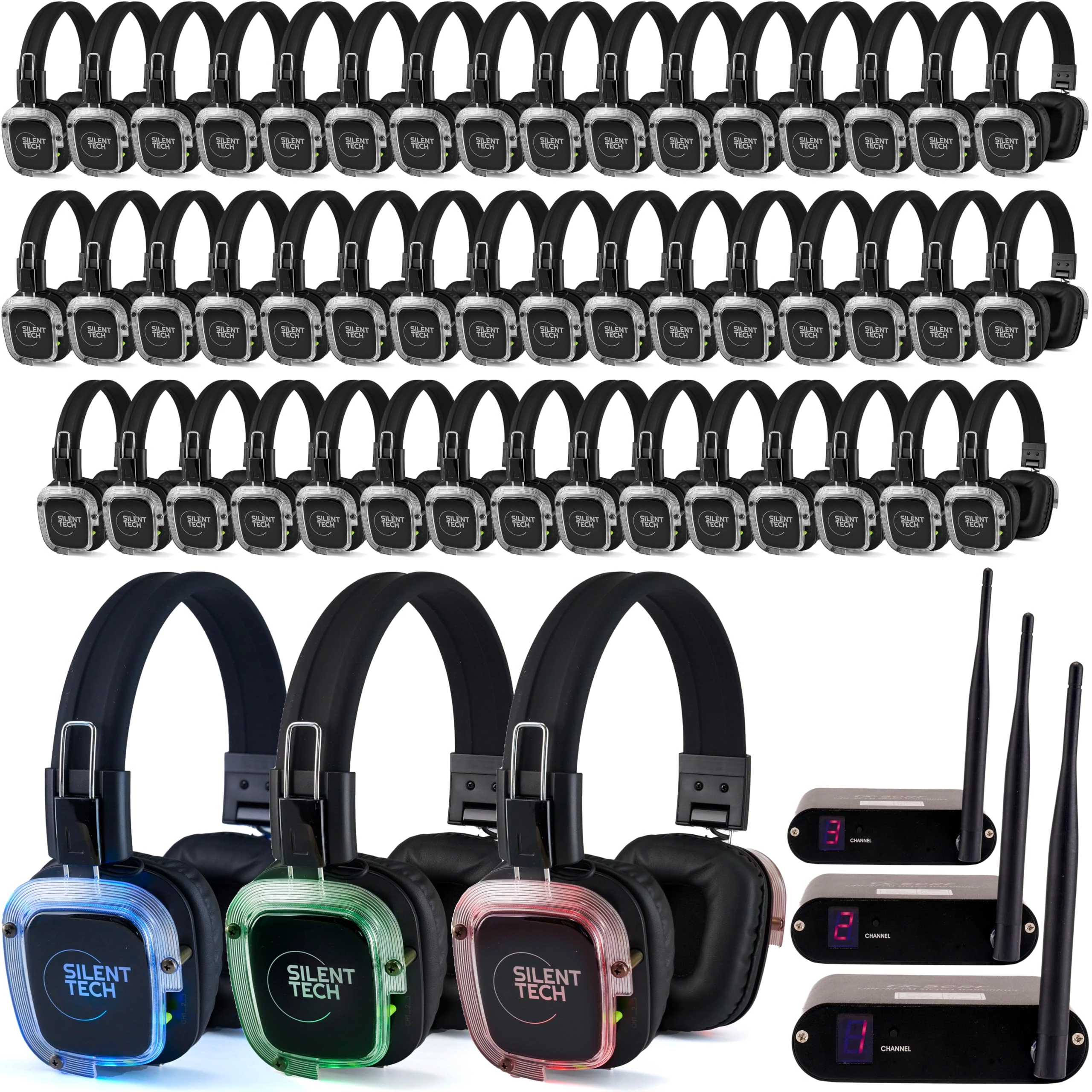 Silent Tech LED Wireless Headphones - 50 + 3-Channel Transmitters + Charging Station - 20