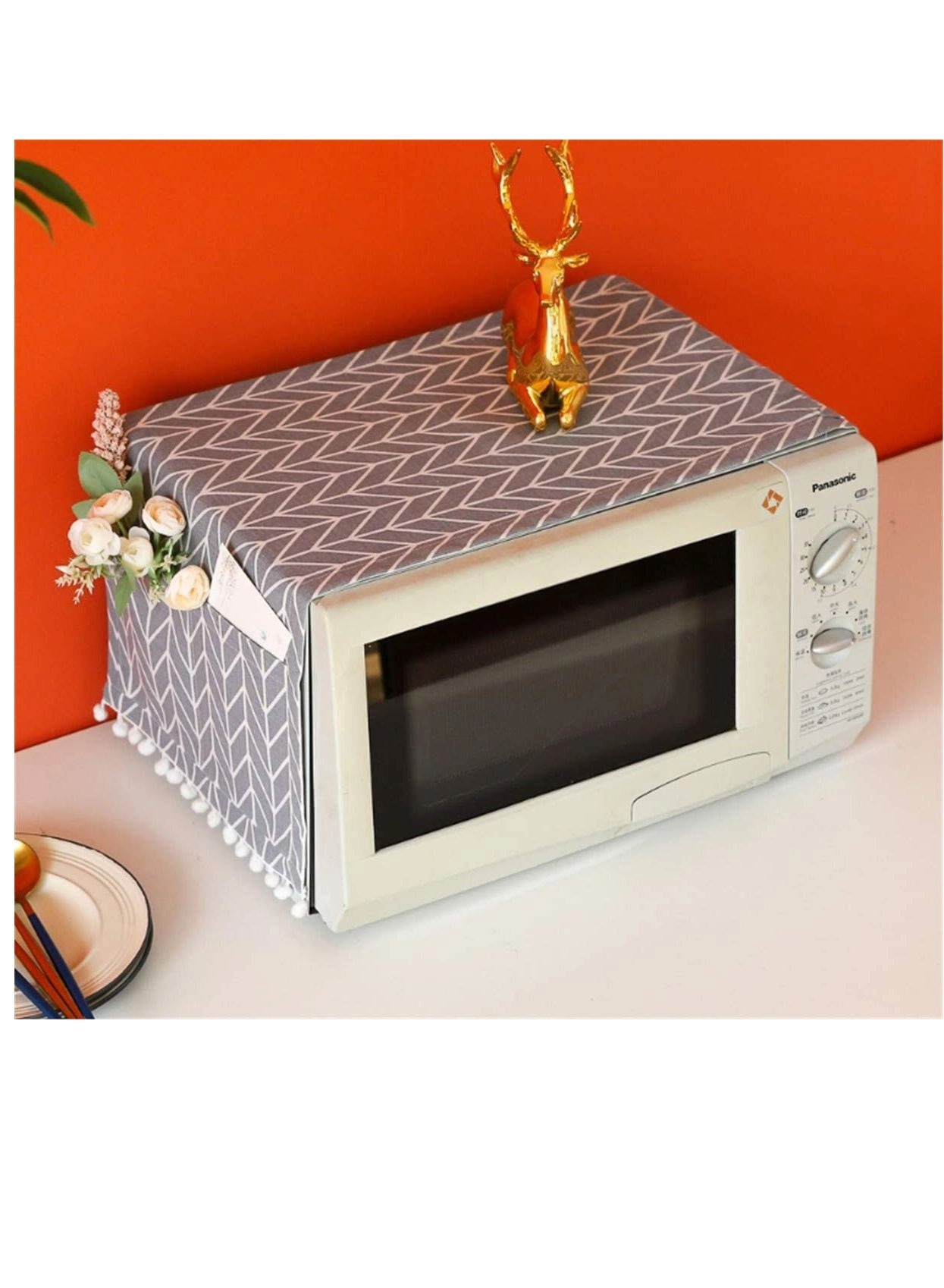 Microwave Oven Cover - Dustproof Protector with Side 4 Storage Organizer Bags 11.8x35.4" (Gray Triangle)