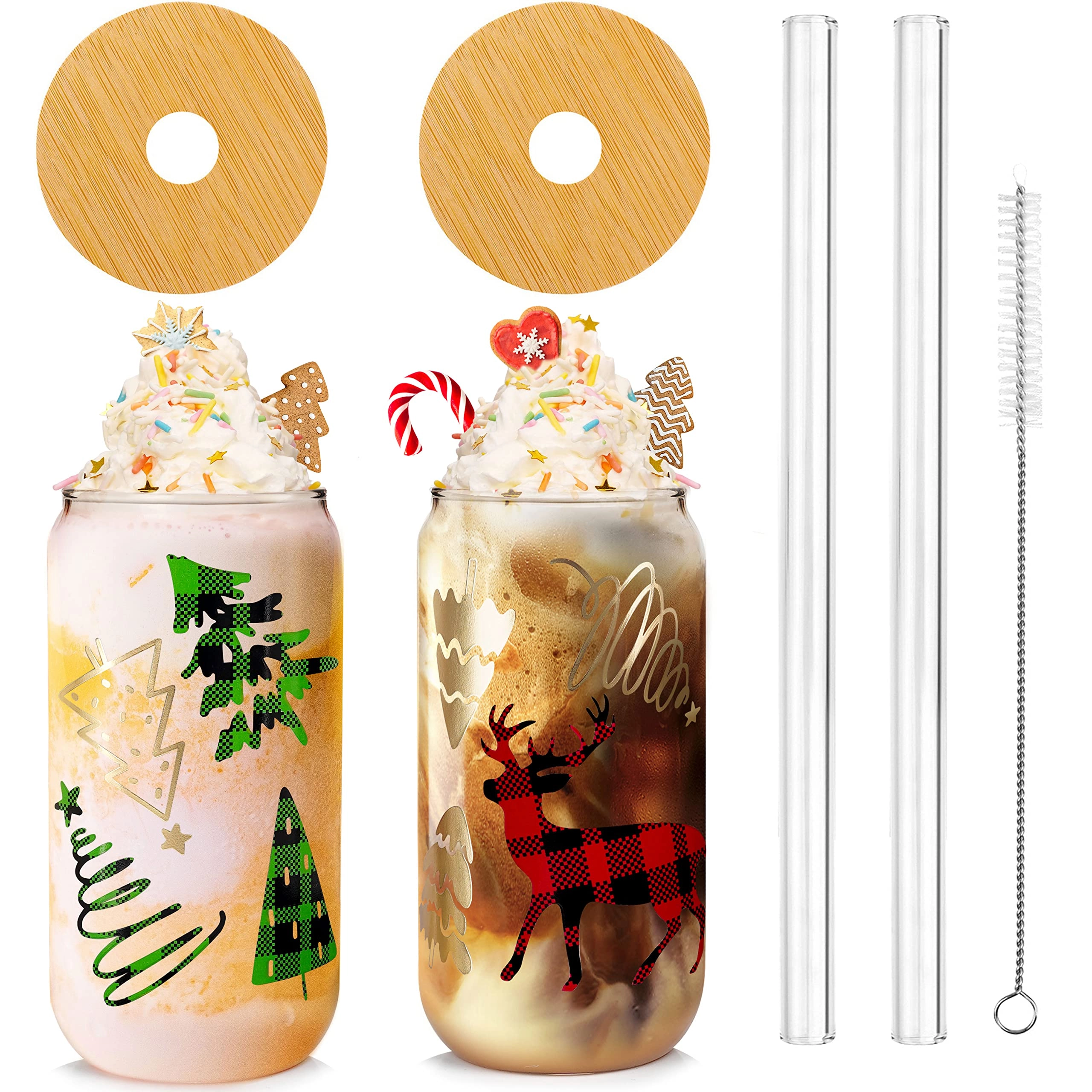 ANOTION Christmas Tree Elk Glass Tumbler - 4 pcs - Insulated Lidded Glitter