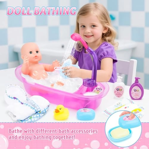 Baby Doll Set with Bathtub - 11PCS Pink