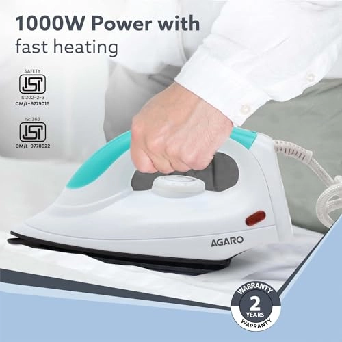 Grand Electric Dry Iron - 1000W Non-Stick Green & White
