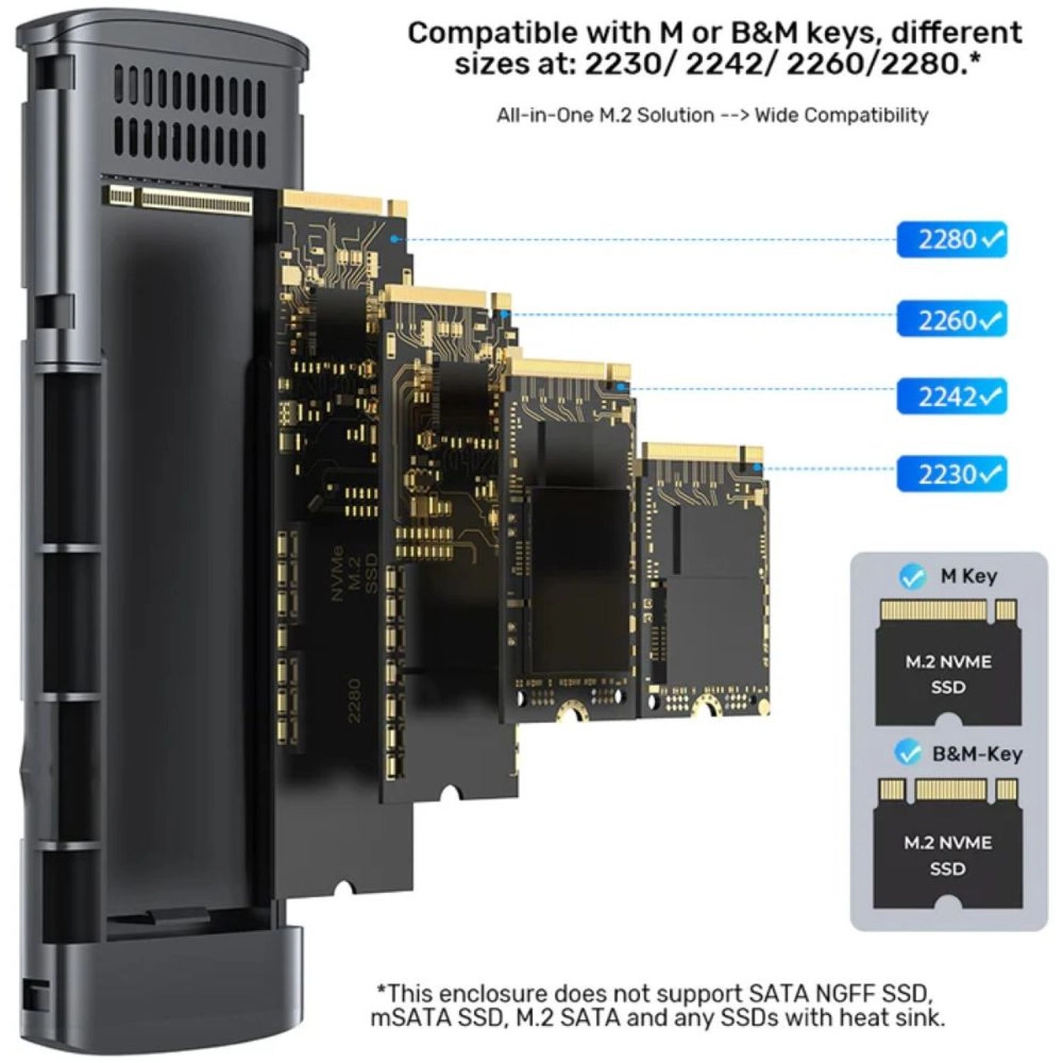 M.2 PCIe NVMe SSD Enclosure - 10Gbps USB-C M.2 NVMe M-Key 2230/2242/2260/2280