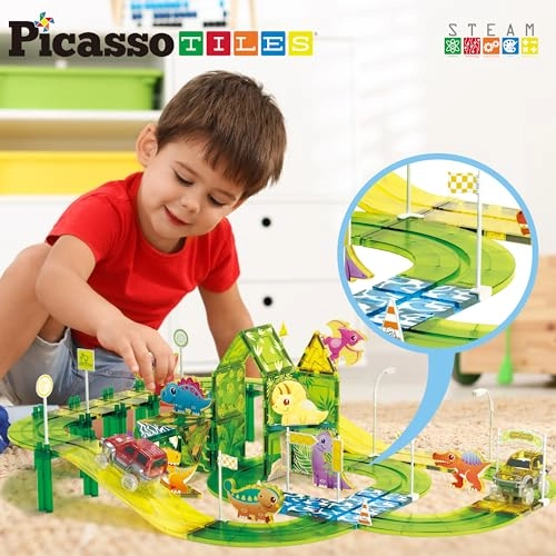 Dinosaur Magnetic Tile Race Car Track - 89 pcs