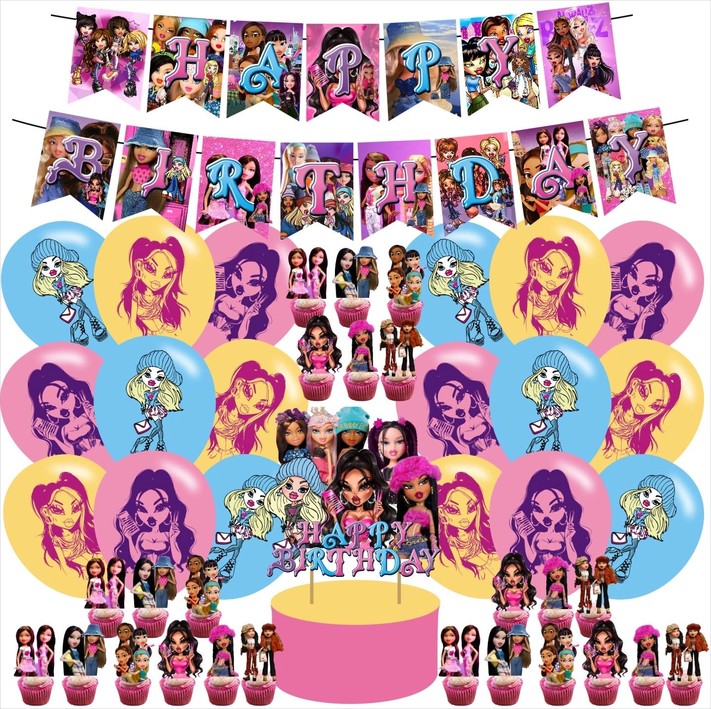 pinuo Girls Balloons - 18 pcs + Birthday Banner - 1 pcs + Cupcake Toppers - 24 pcs + Cake Toppers - 1 pcs big