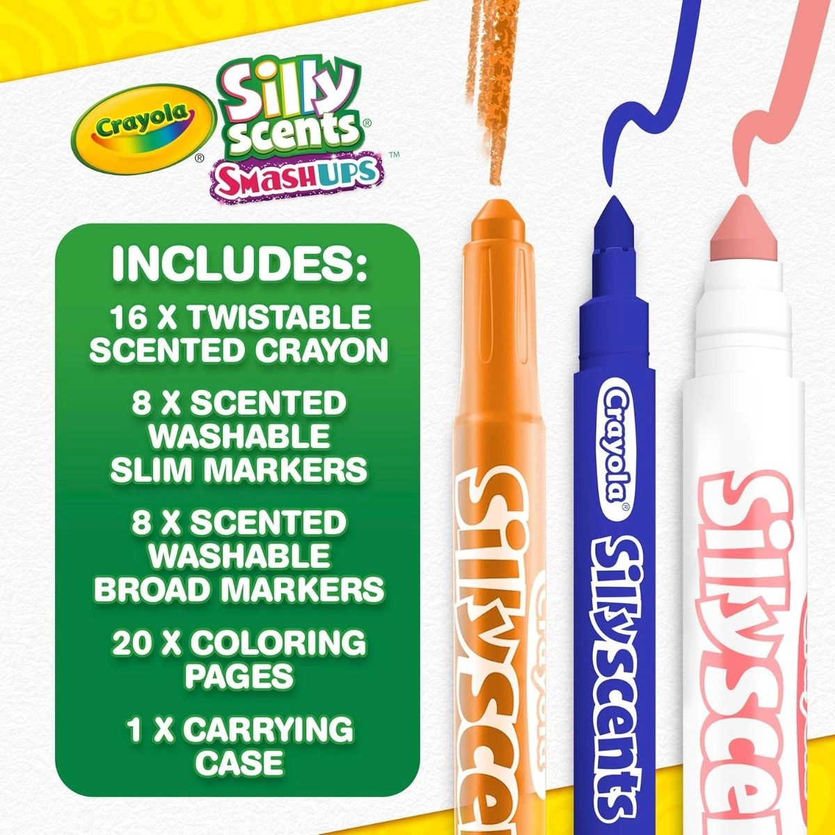 Mini Inspiration Art Case - 8 silly scents broad line markers 8 silly scents slim markers 16 silly scents twistable crayons 20 silly scents coloring pages