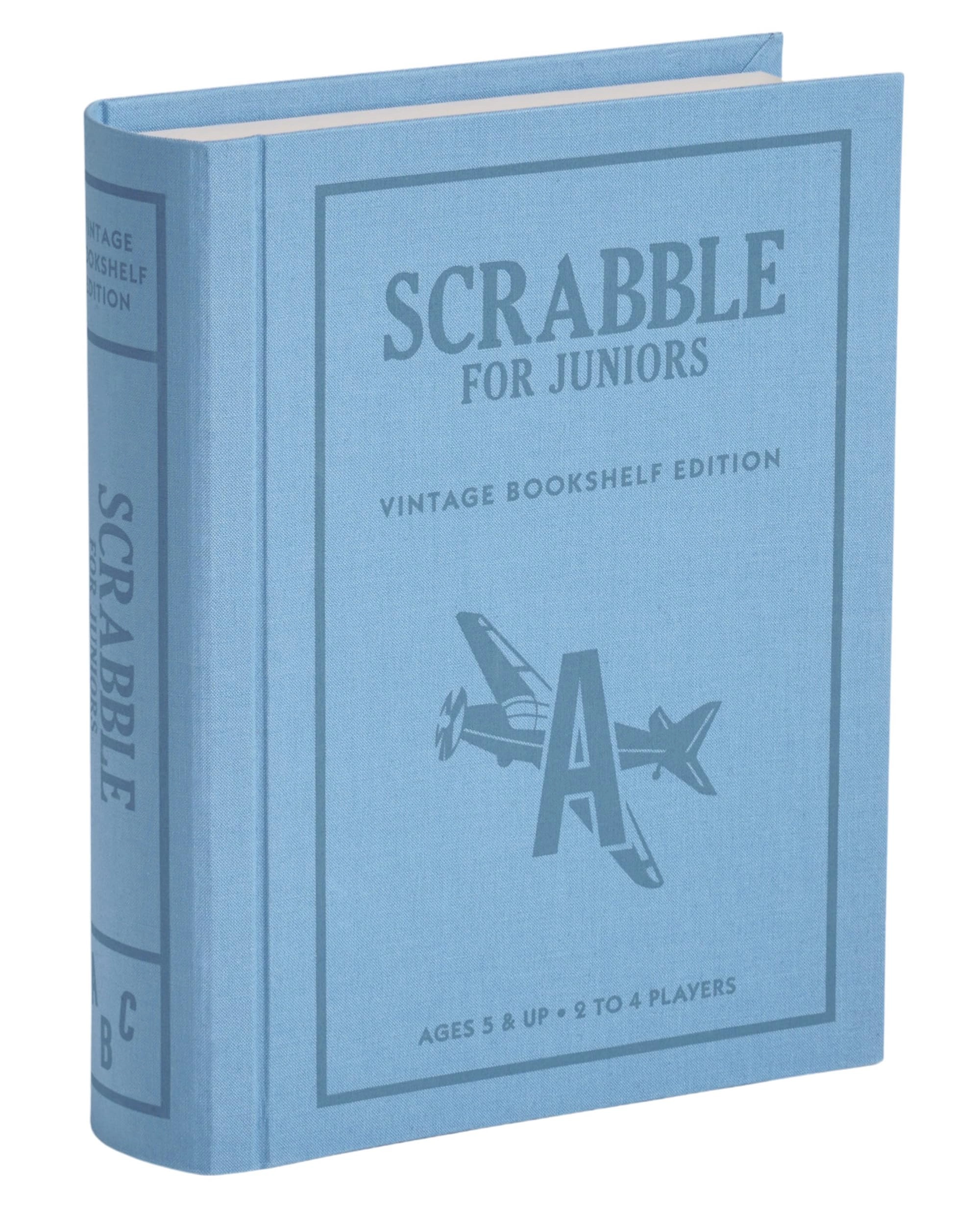 WS Game Company Scrabble for Juniors: Vintage Bookshelf Edition - 2-Sided Board Fabric-Wrapped Bookshelf Case