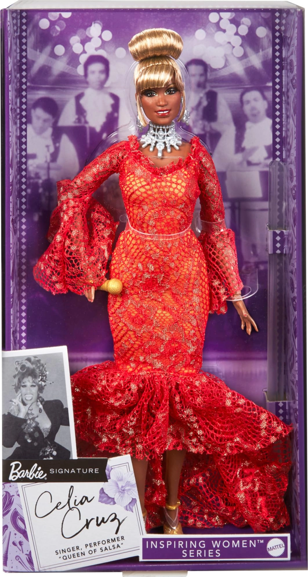 Barbie Celia Cruz Doll - Inspiring Women Red Lace Dress Golden Microphone Ages 6+