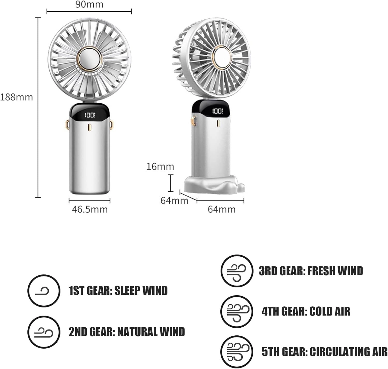 USB Rechargeable Portable Fan - 5-Speed Foldable