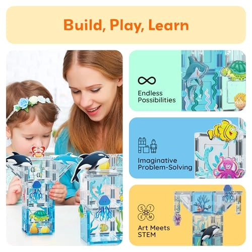Magnet Tile Building Blocks - 8 Character Action Figures Marine Theme 50 pcs
