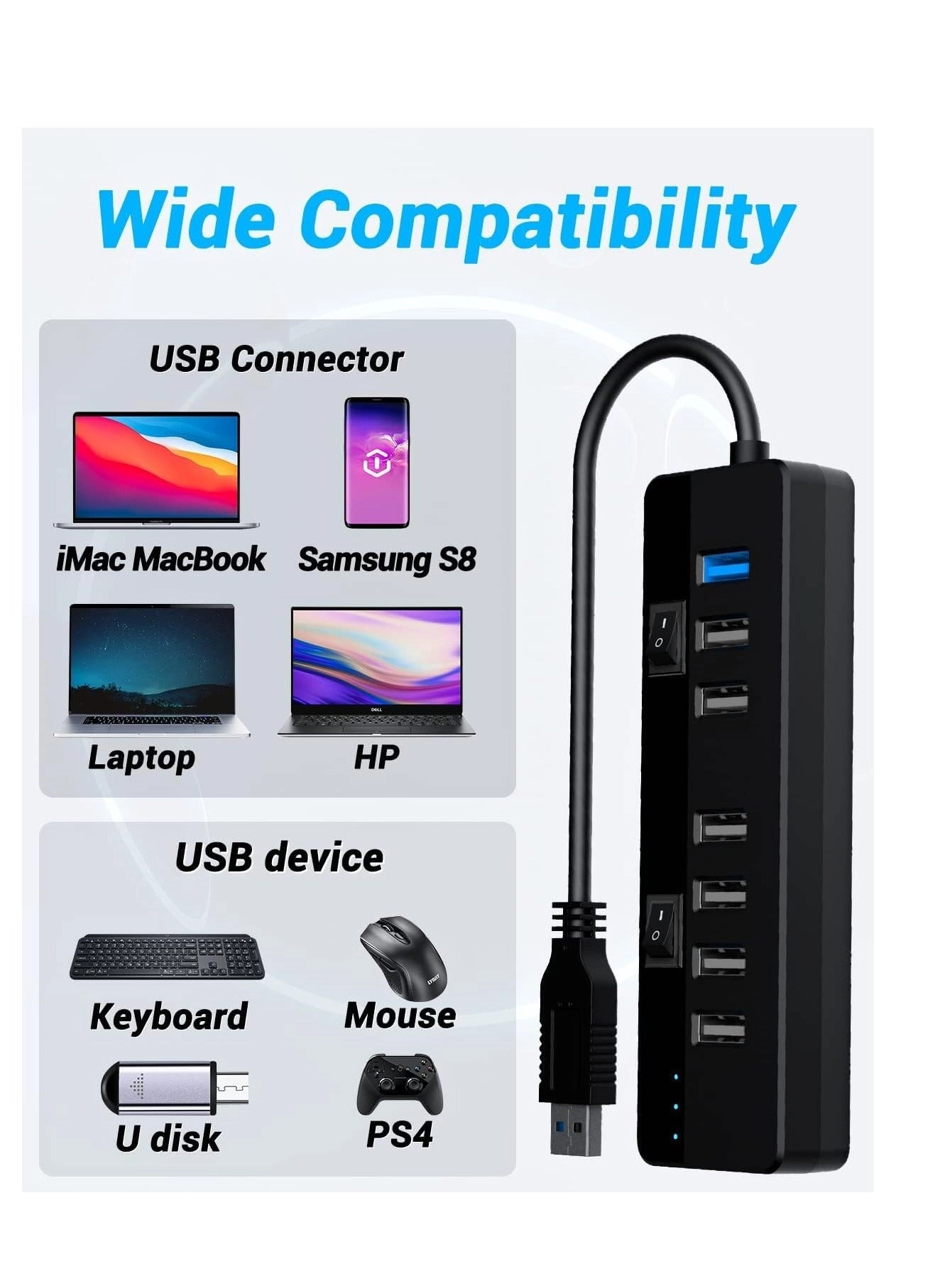 USB 3.0 Hub - 6-Port 5Gbps 3.3ft Cable