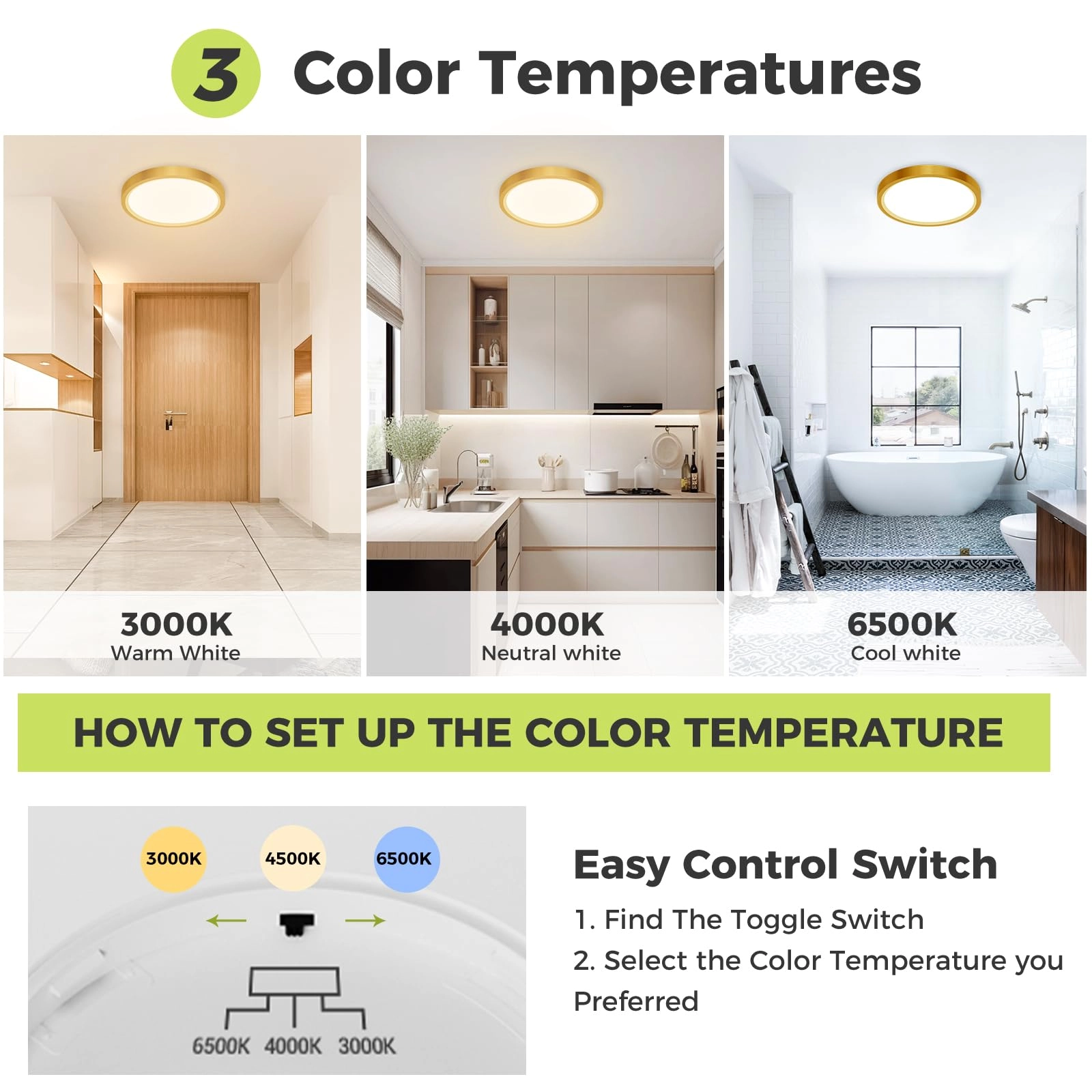 Flush Mount LED Ceiling Light - 3000K 4500K 6000K Dimmable