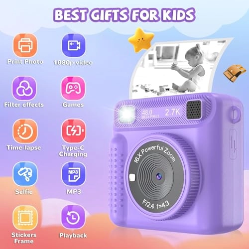 Instant Print Camera - 1080P 32GB Purple