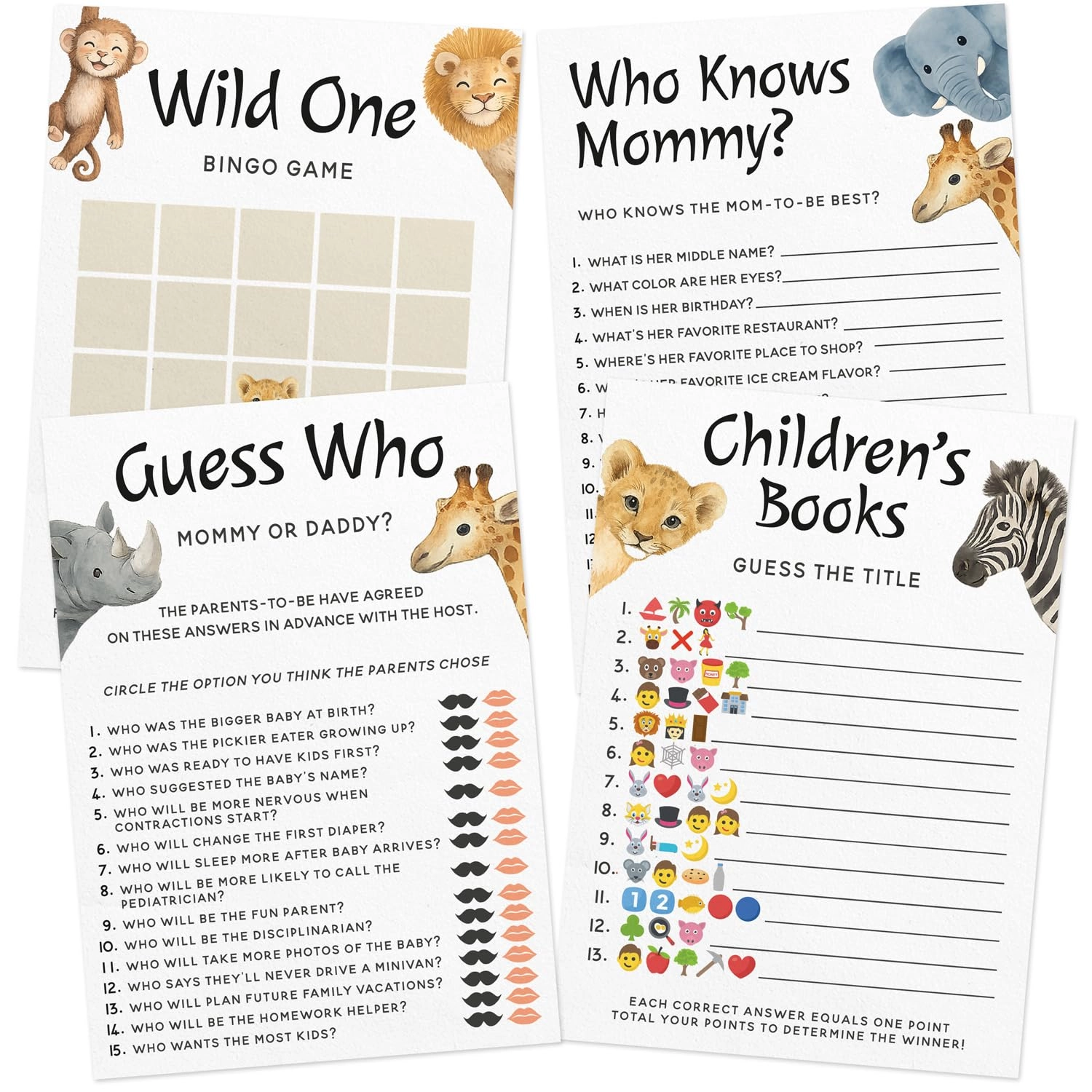 Printed Party Safari Baby Shower Game Set - 60 pieces
