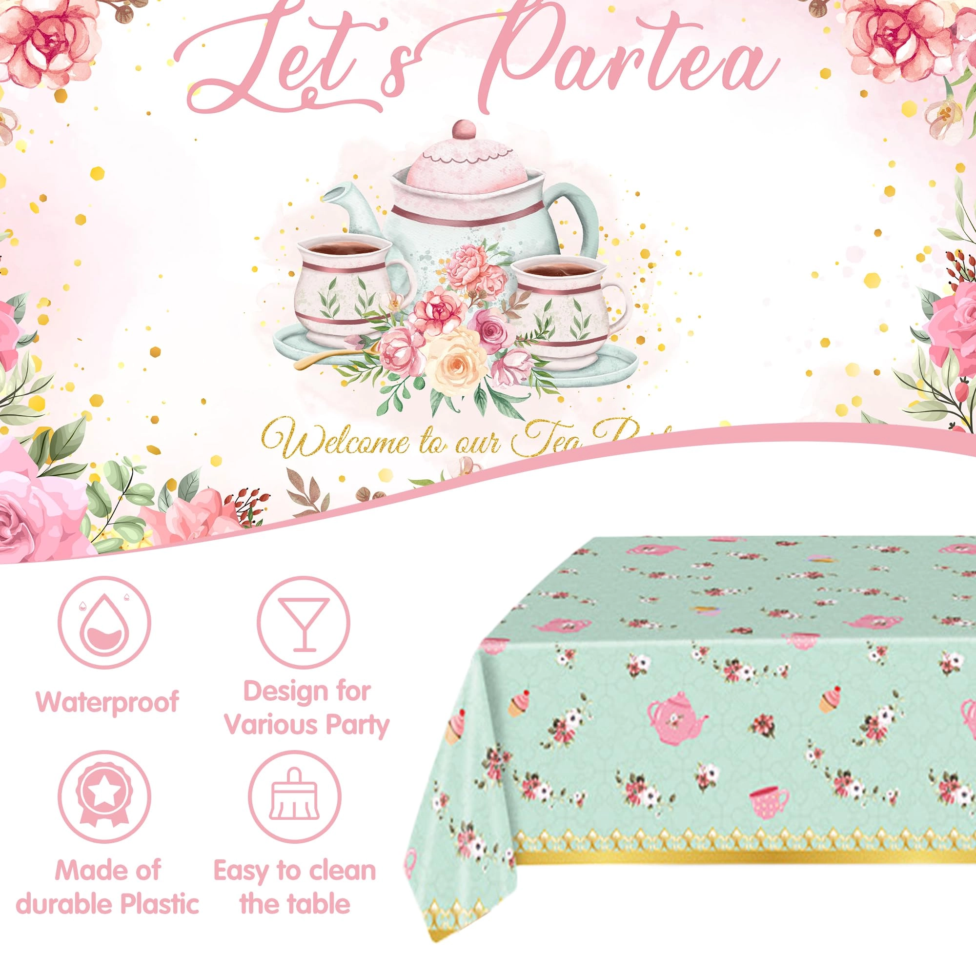 Tea Party Decorations - 1 “Let’s Partea” backdrop 1 teapot foil balloon 1 teacup banner 1 floral teapot tablecloth 18 pastel balloons Birthday