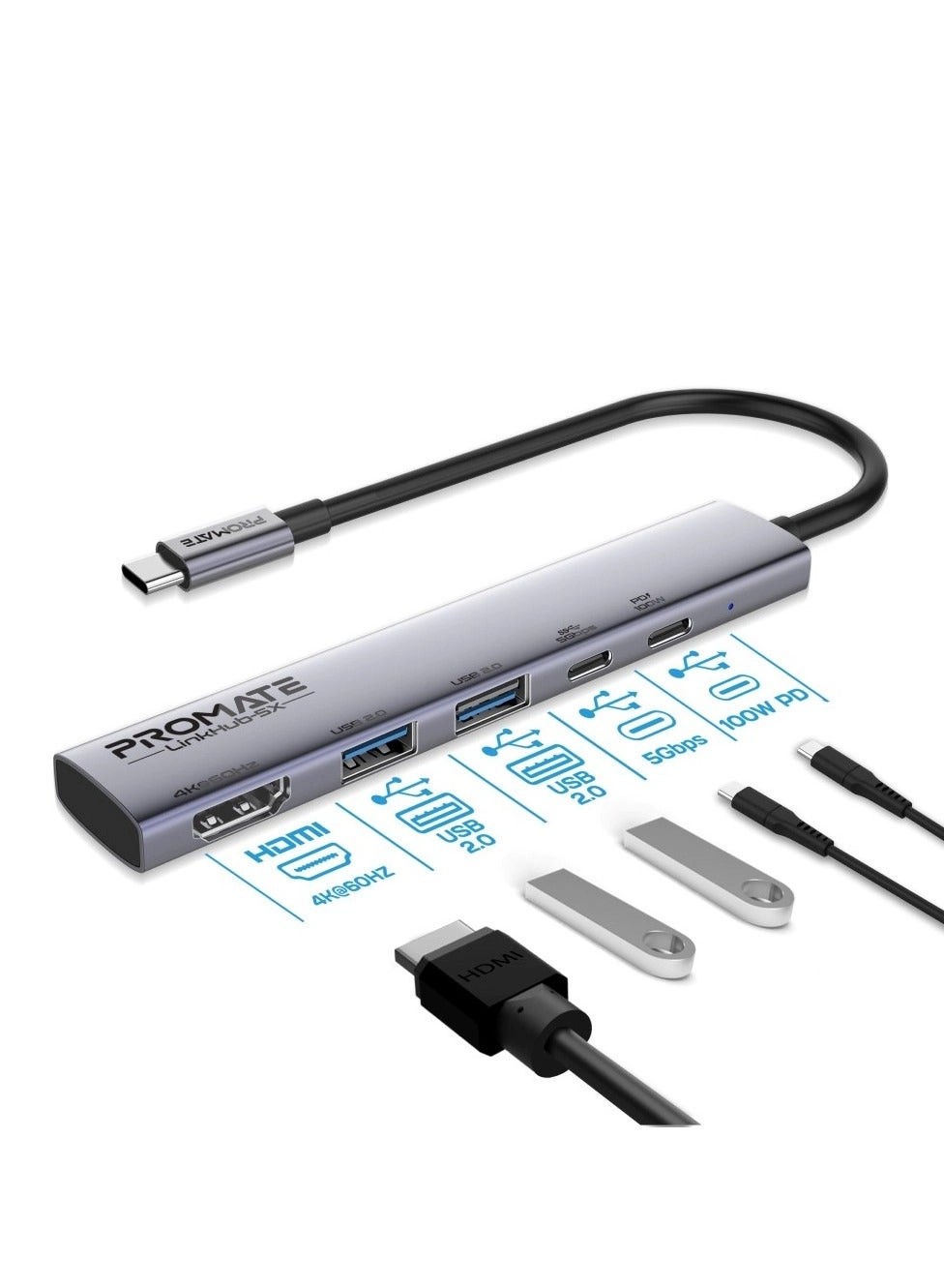 Promate LinkHub-5X - 100W 5Gbps 4K@60Hz