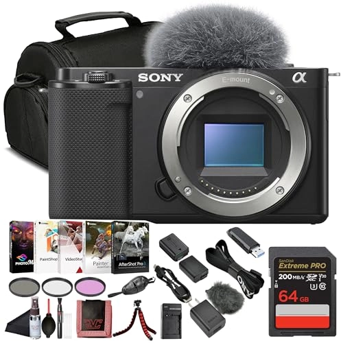 ZV-E10 + 64GB Extreme PRO Memory Card + Corel Photo Software + Soft Bag + NPF-W50 Battery + NPF-W50 Charger + Memory Card Reader + Micro HDMI Cable + Flexible Tripod + Hand Strap + Memory Card Wallet + Cleaning Kit