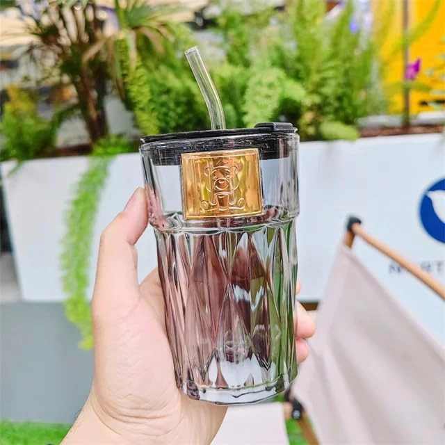 Glass Tumbler - 1 pcs With Lid and Straw - 400 ml