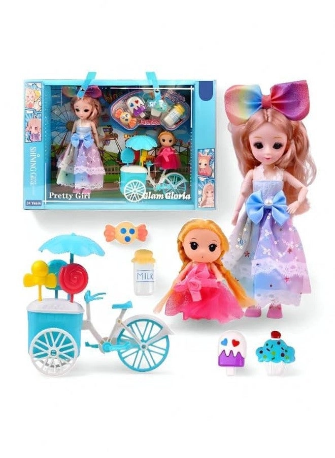 TONICTOYS Shining Girl Pretty Doll - with Little Sister + Bicycle Playset - Fun Toy Set for Girls