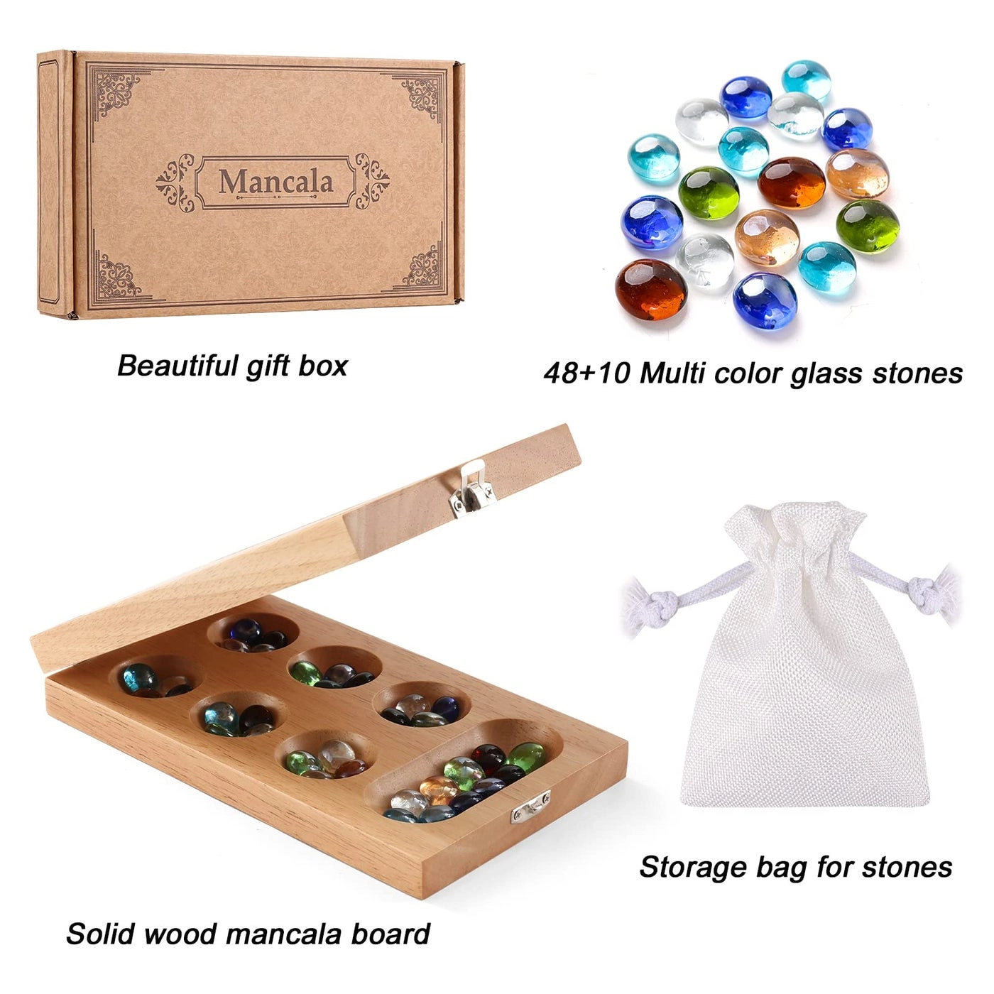 Mancala - Folding Rubber Wood Board 58 glass stones