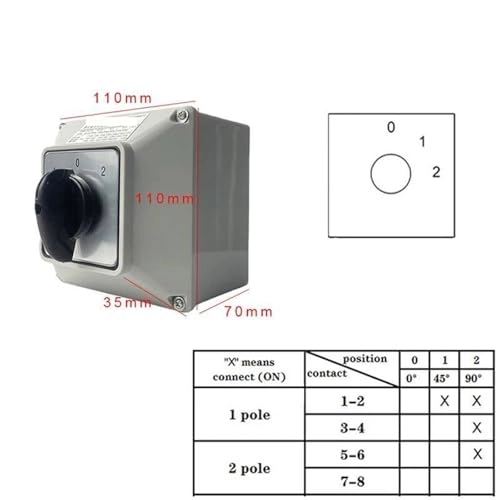 Changeover Cam Hands Rotary Switch - 63A 2 Pole 8 Terminals IP65