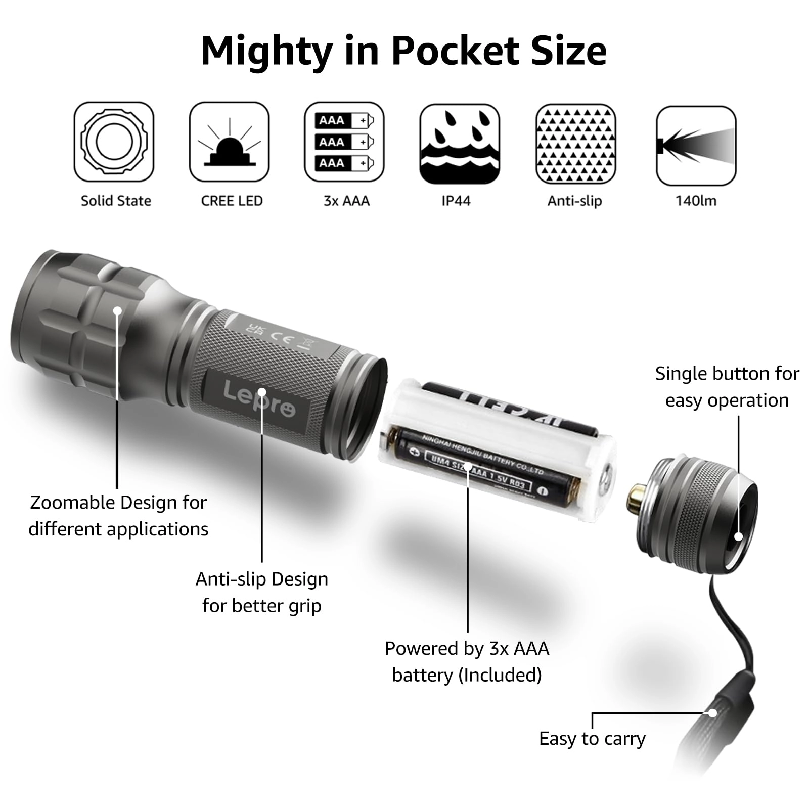 LED Flashlight - 140lm Waterproof Adjustable Focus 2 Pack